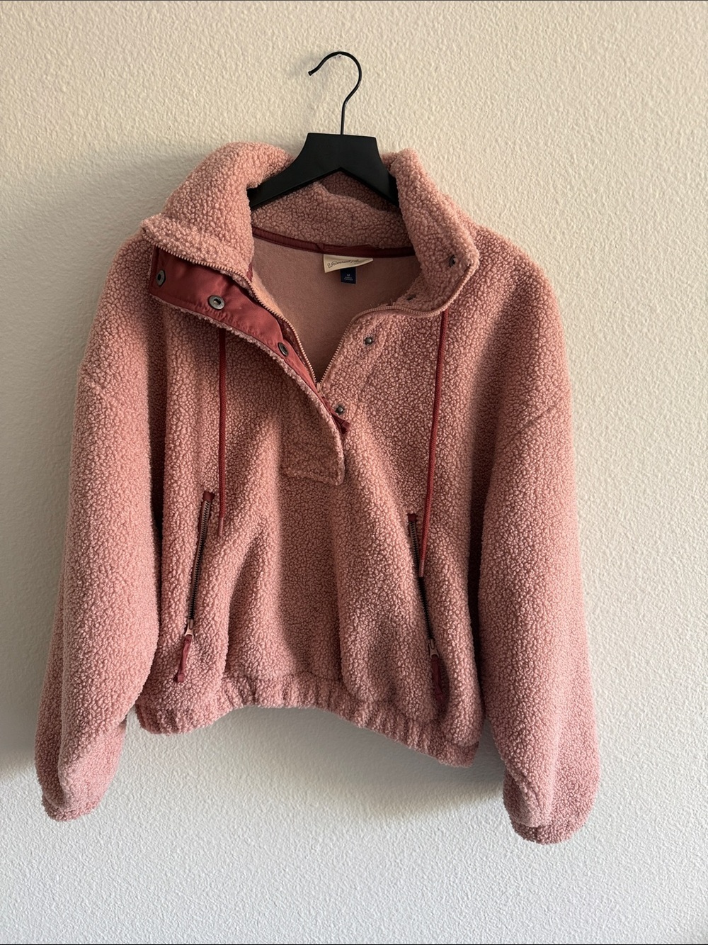 Dusty Pink Sherpa Teddy Pullover Jacket Snap Front Zip Pockets M